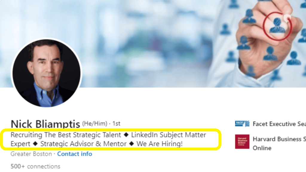 Nick Bliamptis' profile highlighting his LinkedIn headline