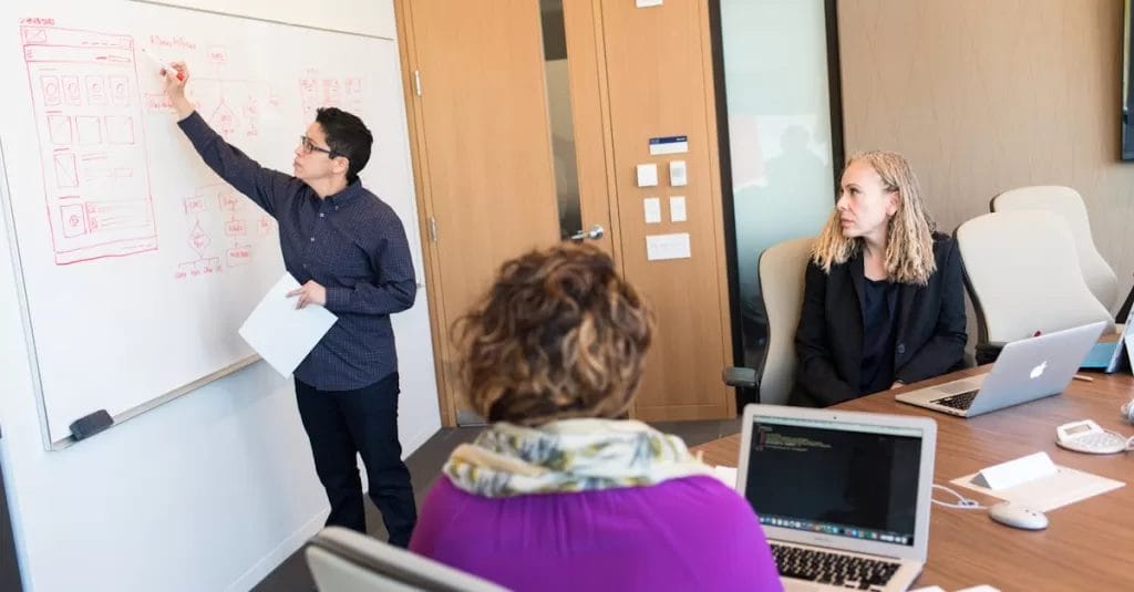 Group of professionals engaging in a collaborative meeting with technology.